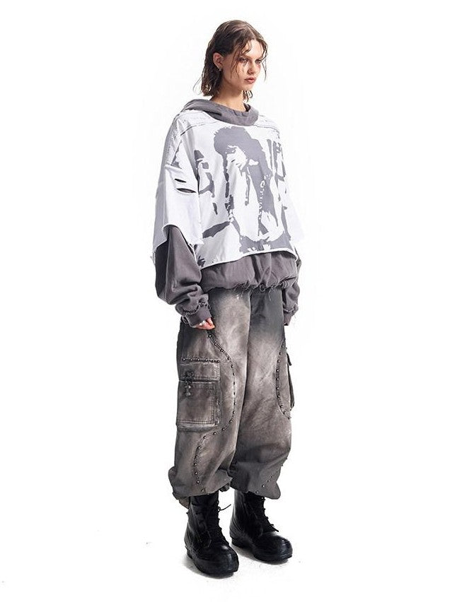 HAS2SONS Washed Gray Band Print Distressed Ripped Cropped Women's Pullover Hoodies