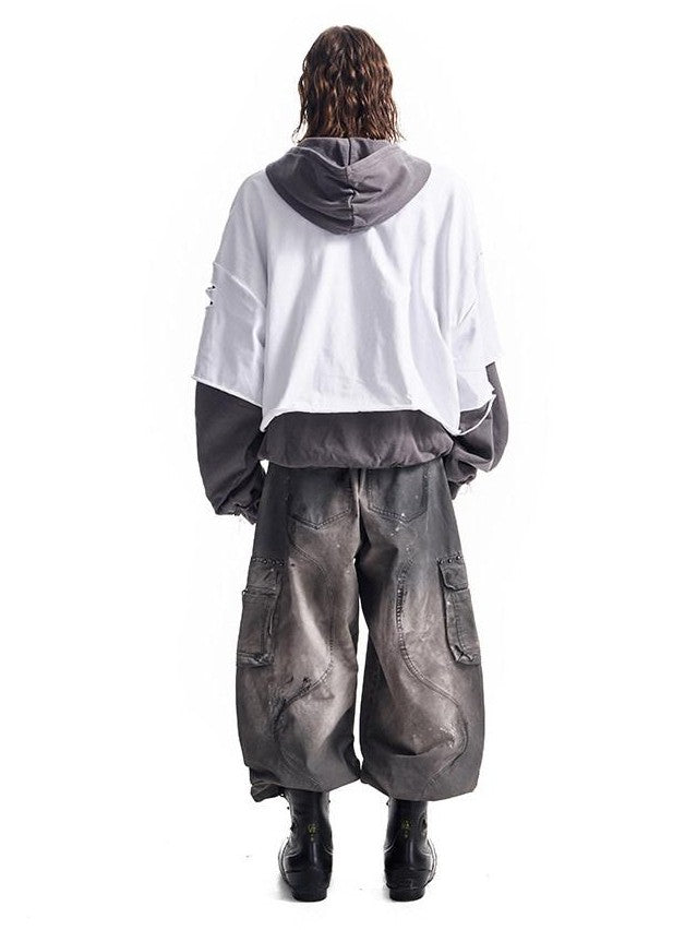 HAS2SONS Washed Gray Band Print Distressed Ripped Cropped Women's Pullover Hoodies