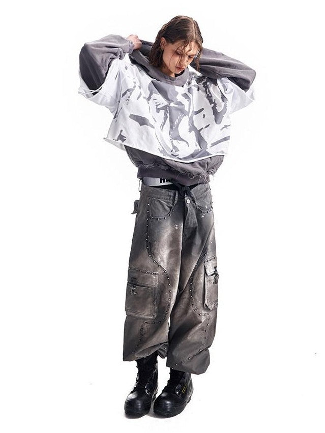 HAS2SONS Washed Gray Band Print Distressed Ripped Cropped Women's Pullover Hoodies