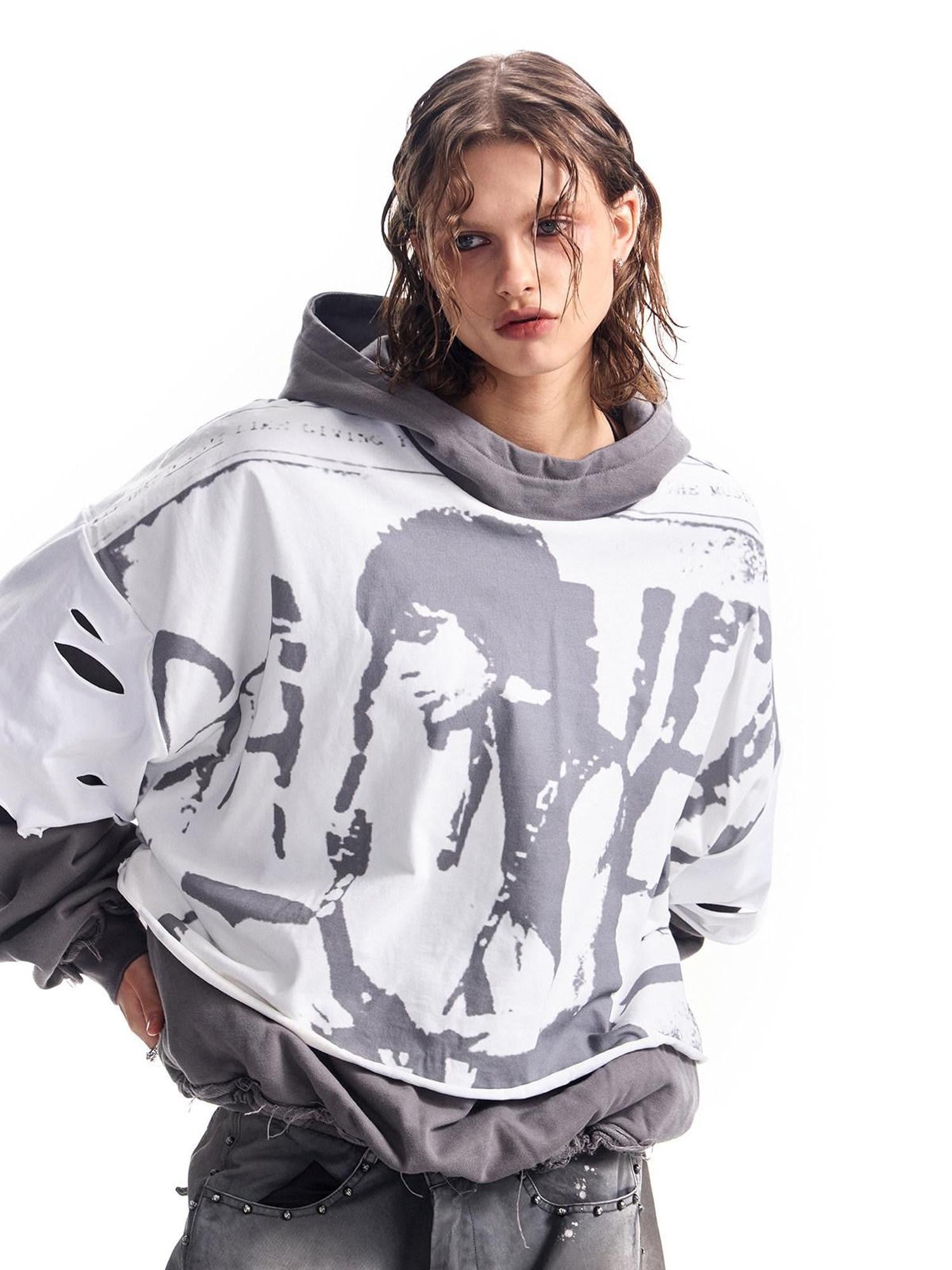 HAS2SONS Washed Gray Band Print Distressed Ripped Cropped Women's Pullover Hoodies