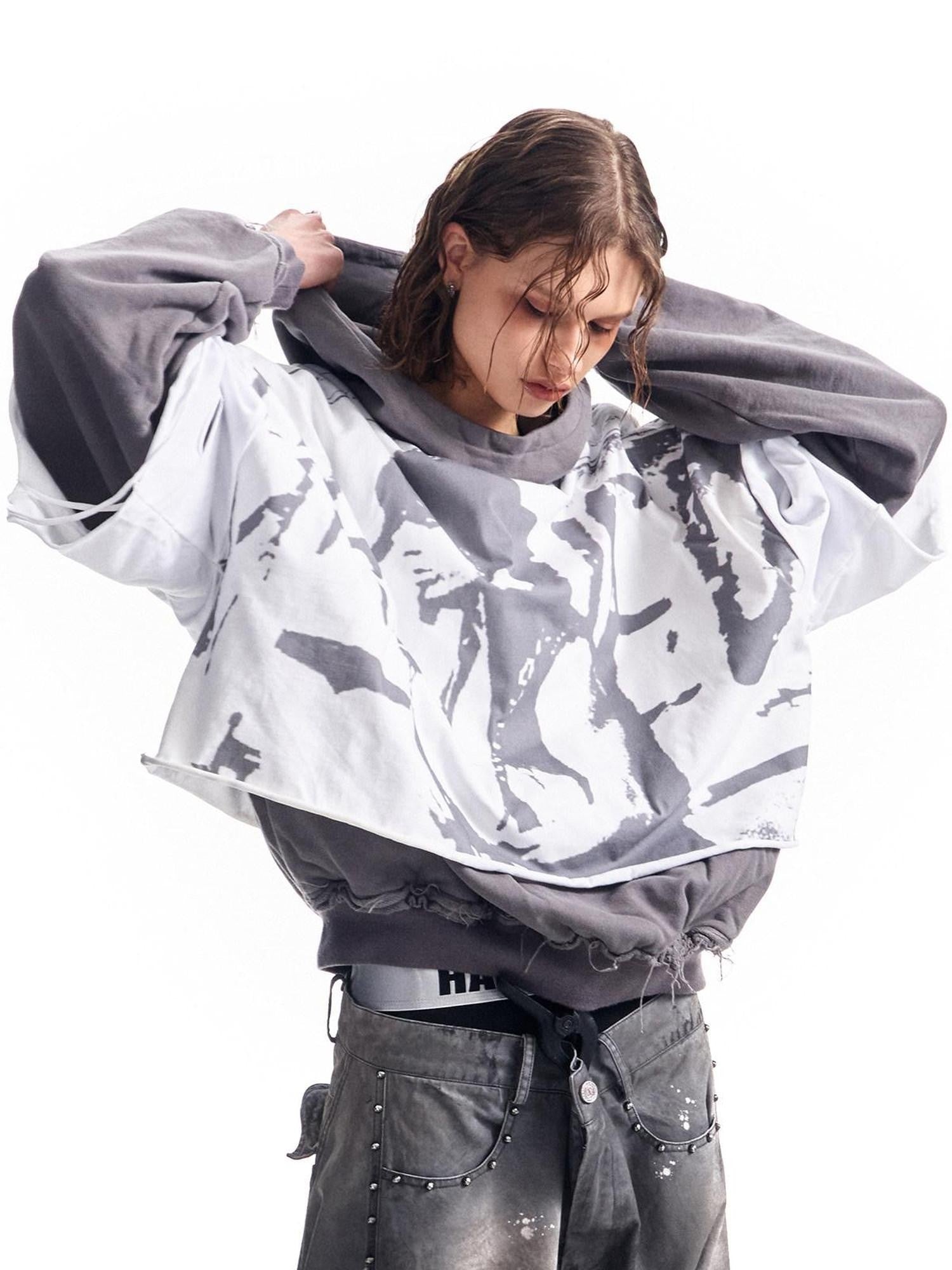 HAS2SONS Washed Gray Band Print Distressed Ripped Cropped Women's Pullover Hoodies