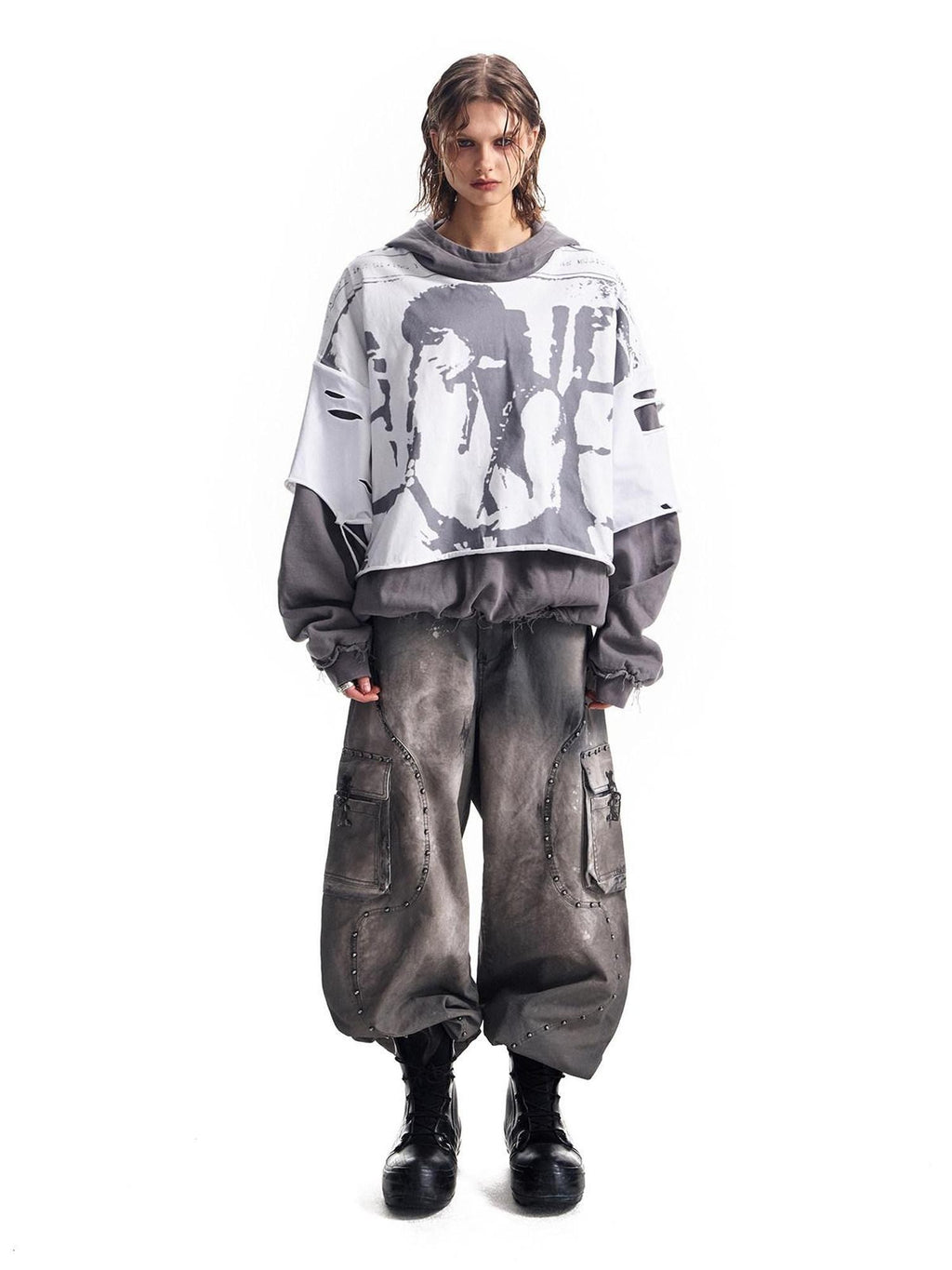 HAS2SONS Washed Gray Band Print Distressed Ripped Cropped Women's Pullover Hoodies