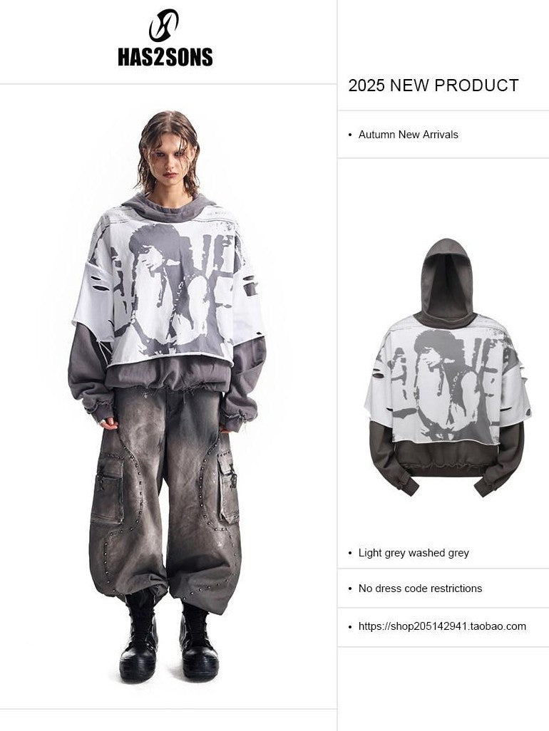 HAS2SONS Washed Gray Band Print Distressed Ripped Cropped Women's Pullover Hoodies
