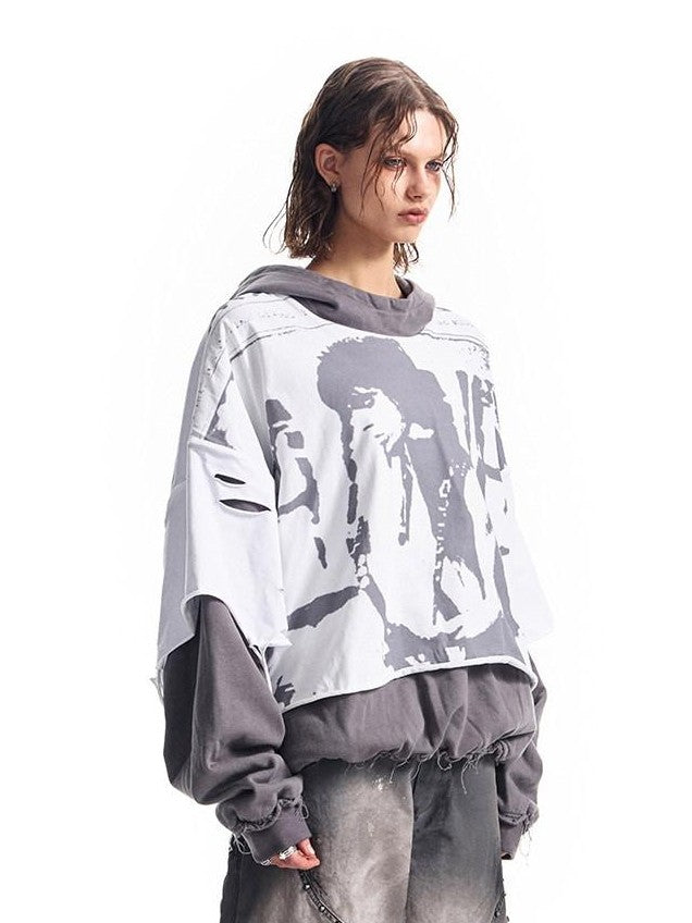 HAS2SONS Washed Gray Band Print Distressed Ripped Cropped Women's Pullover Hoodies