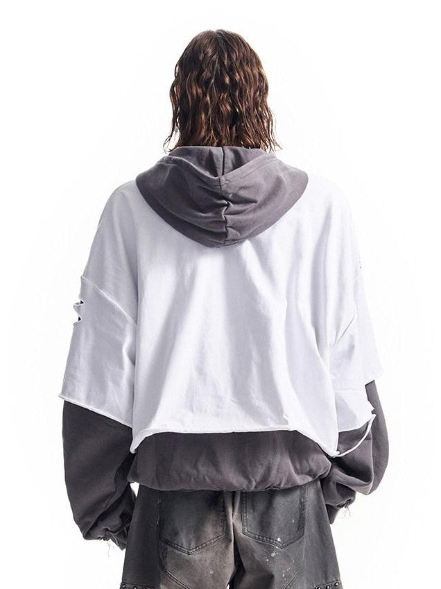 HAS2SONS Washed Gray Band Print Distressed Ripped Cropped Women's Pullover Hoodies