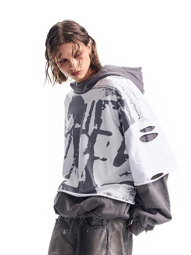 HAS2SONS Washed Gray Band Print Distressed Ripped Cropped Women's Pullover Hoodies