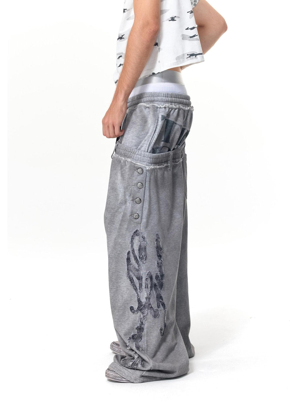 HAS2SONS Washed Gray Distressed Plaid Patch Double Waist Four Snap Women's Sweatpants