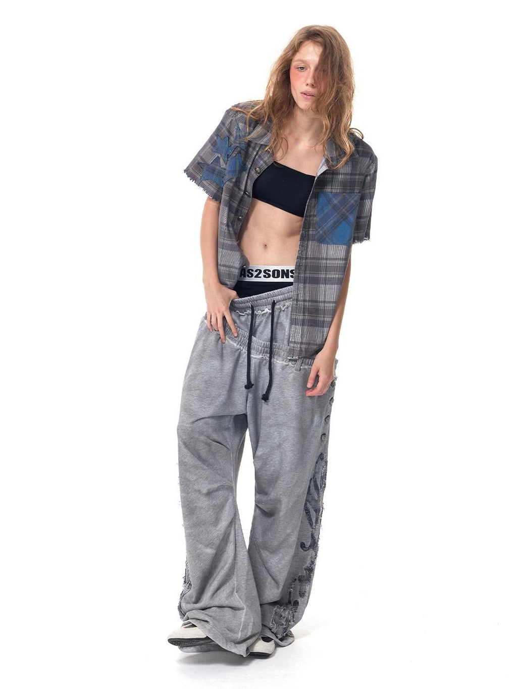 HAS2SONS Washed Gray Distressed Plaid Patch Double Waist Four Snap Women's Sweatpants