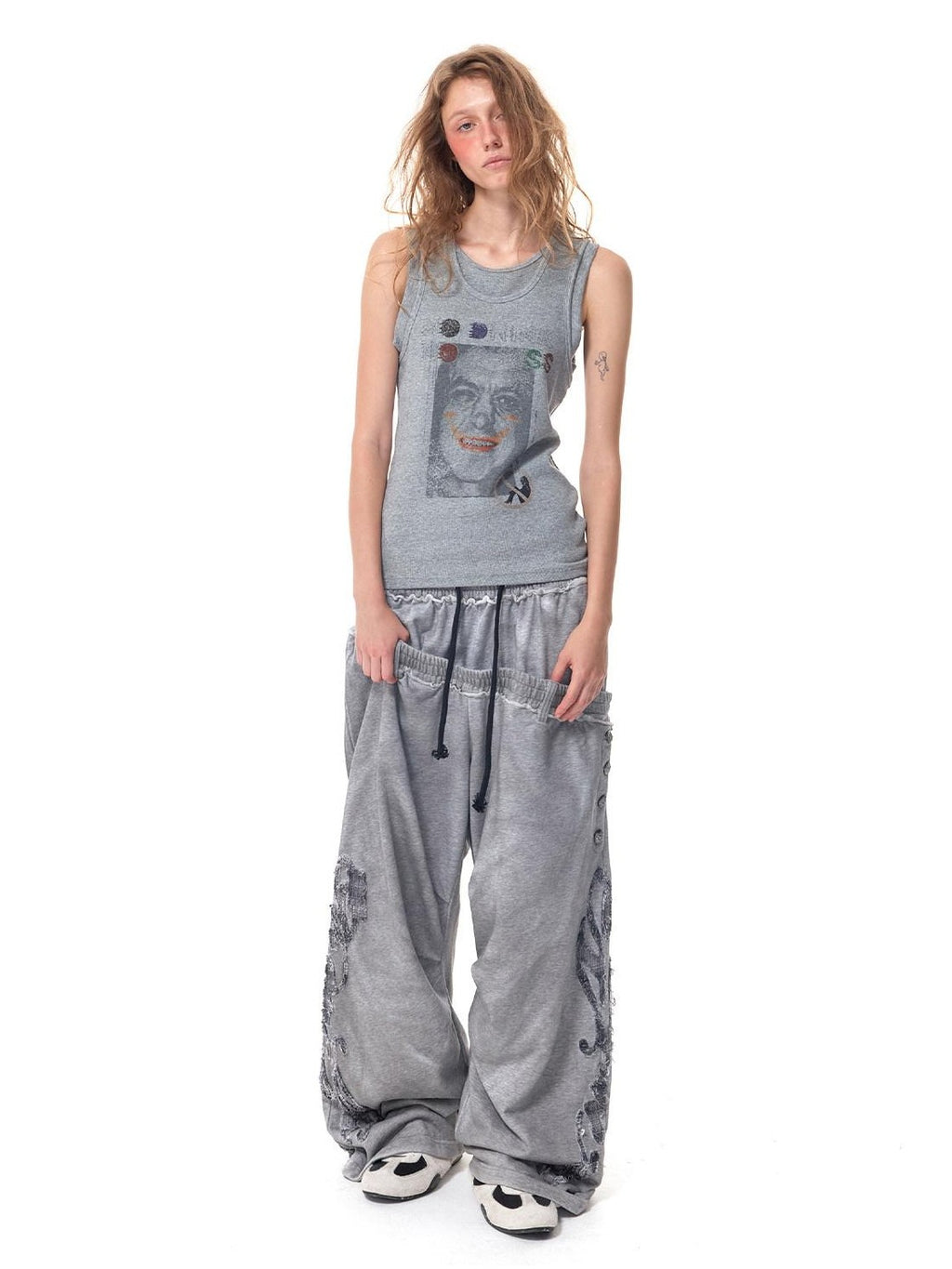 HAS2SONS Washed Gray Distressed Plaid Patch Double Waist Four Snap Women's Sweatpants