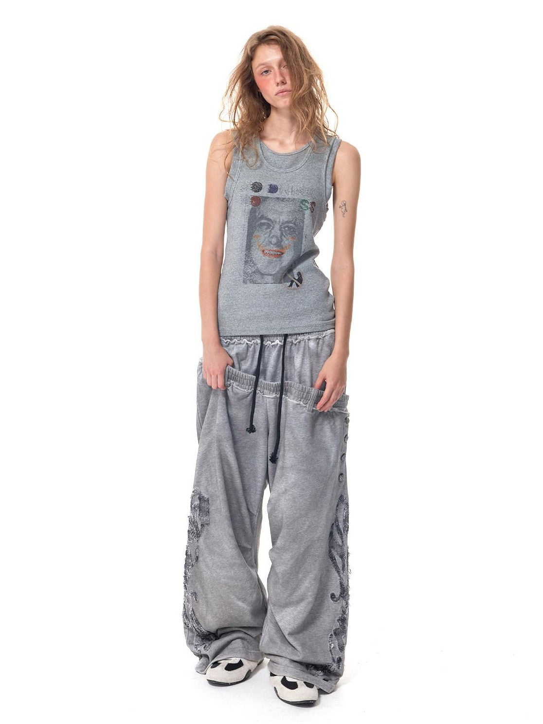 HAS2SONS Washed Gray Distressed Plaid Patch Double Waist Four Snap Women's Sweatpants