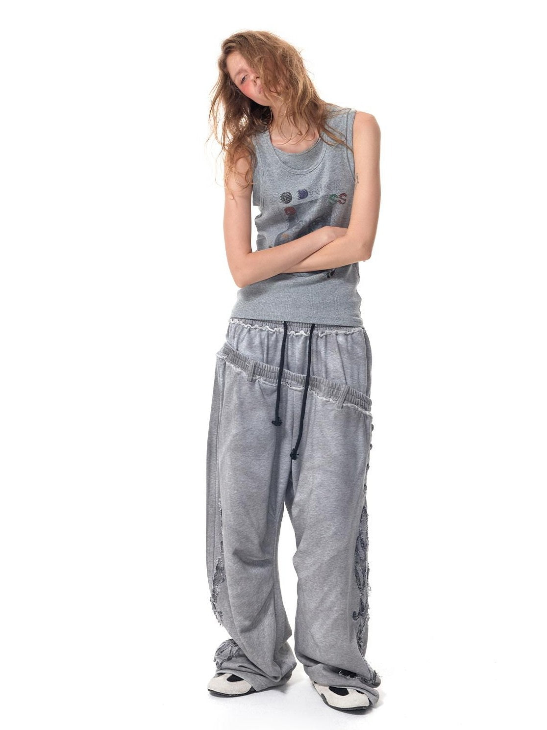 HAS2SONS Washed Gray Distressed Plaid Patch Double Waist Four Snap Women's Sweatpants