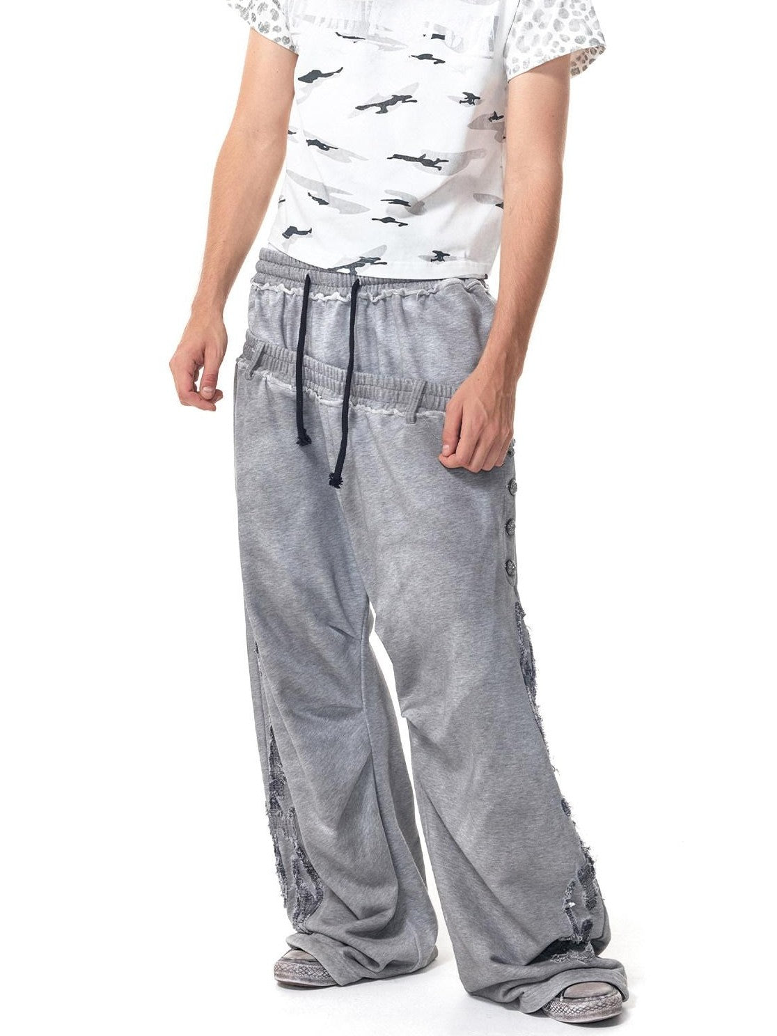 HAS2SONS Washed Gray Distressed Plaid Patch Double Waist Four Snap Women's Sweatpants