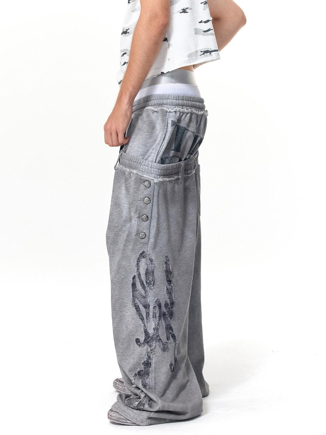 HAS2SONS Washed Gray Distressed Plaid Patch Double Waist Four Snap Women's Sweatpants