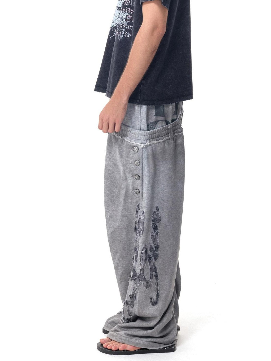 HAS2SONS Washed Gray Distressed Plaid Patch Double Waist Four Snap Women's Sweatpants