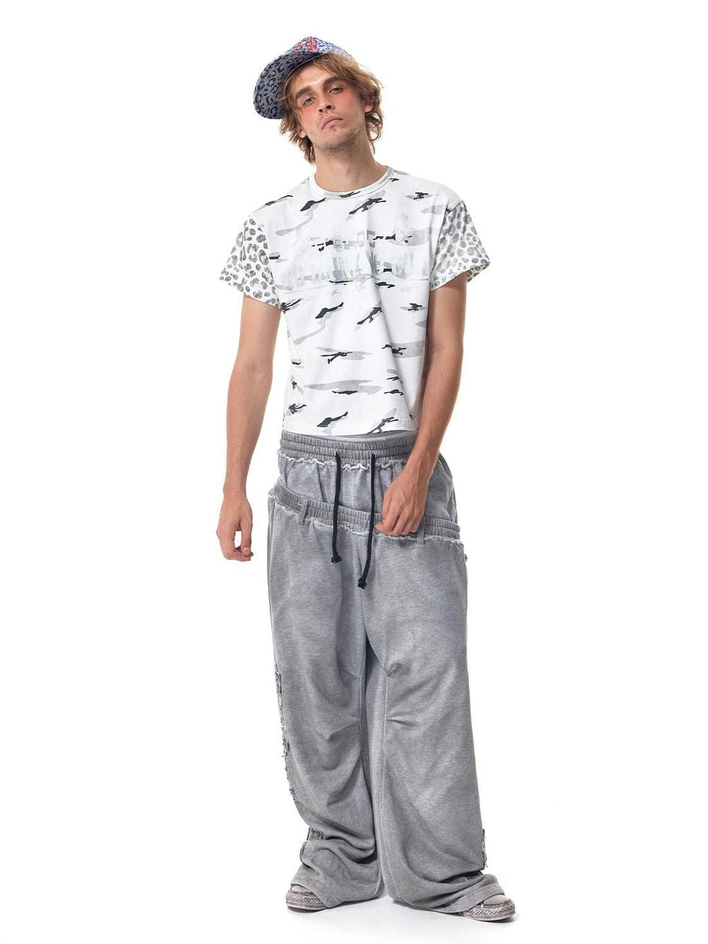 HAS2SONS Washed Gray Distressed Plaid Patch Double Waist Four Snap Women's Sweatpants