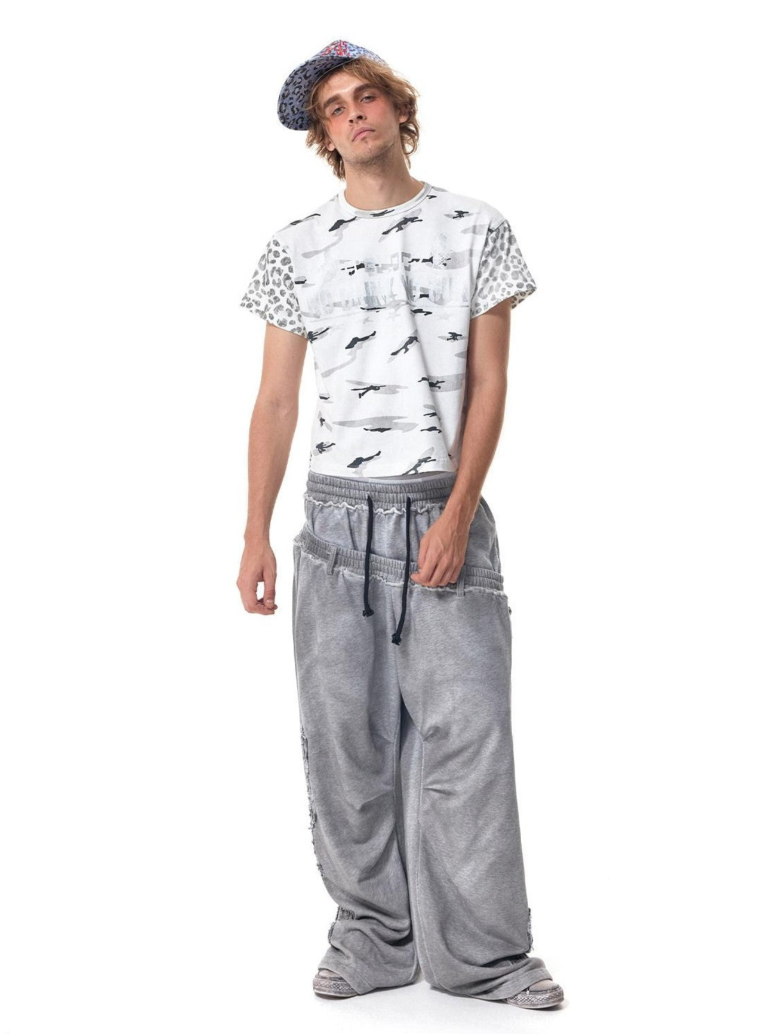 HAS2SONS Washed Gray Distressed Plaid Patch Double Waist Four Snap Women's Sweatpants