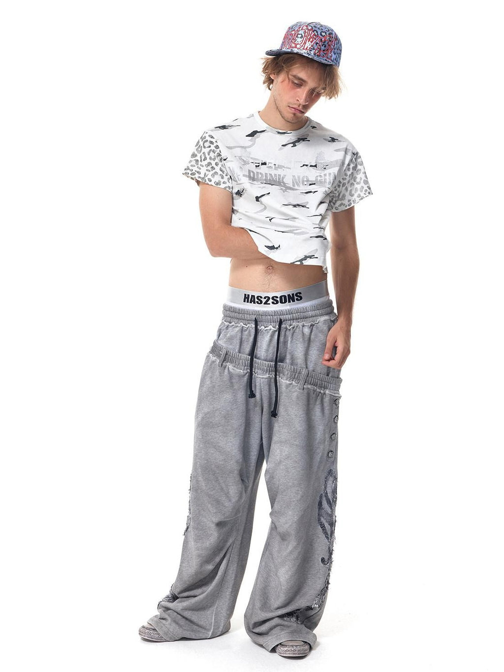 HAS2SONS Washed Gray Distressed Plaid Patch Double Waist Four Snap Women's Sweatpants