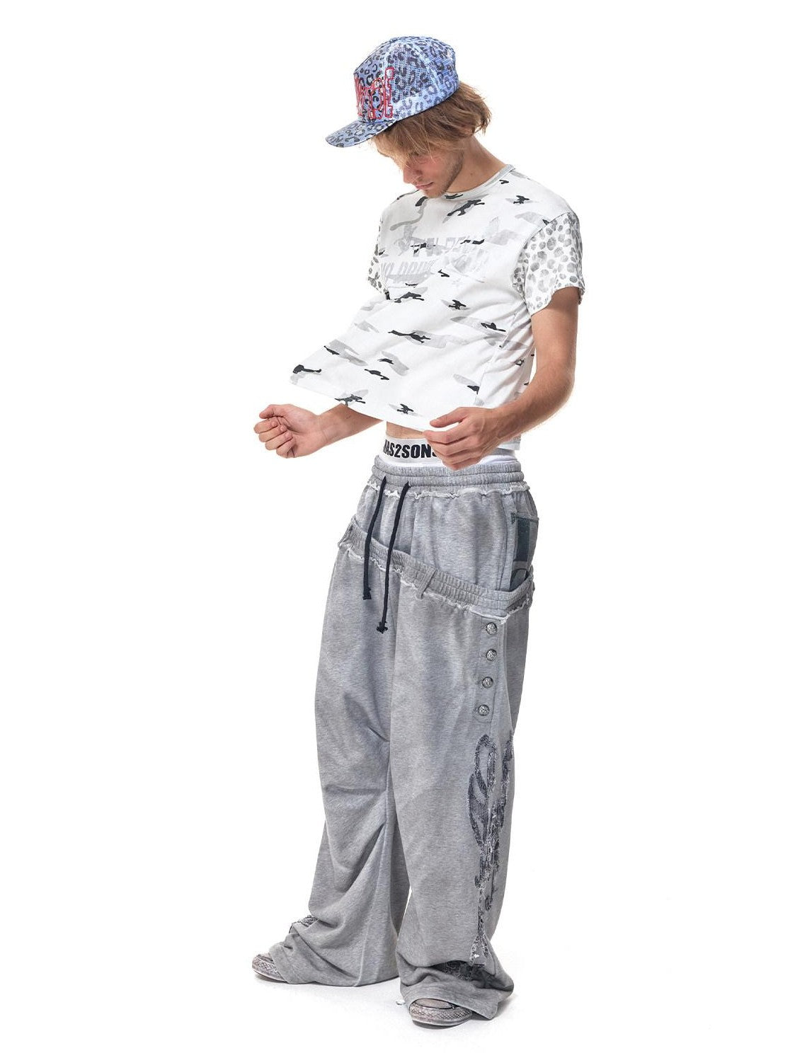 HAS2SONS Washed Gray Distressed Plaid Patch Double Waist Four Snap Women's Sweatpants