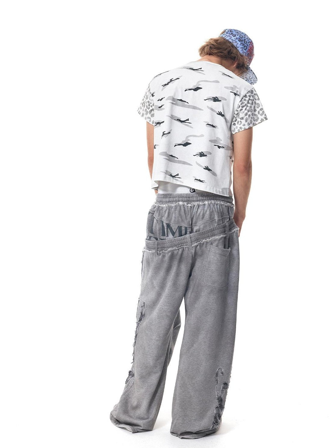 HAS2SONS Washed Gray Distressed Plaid Patch Double Waist Four Snap Women's Sweatpants