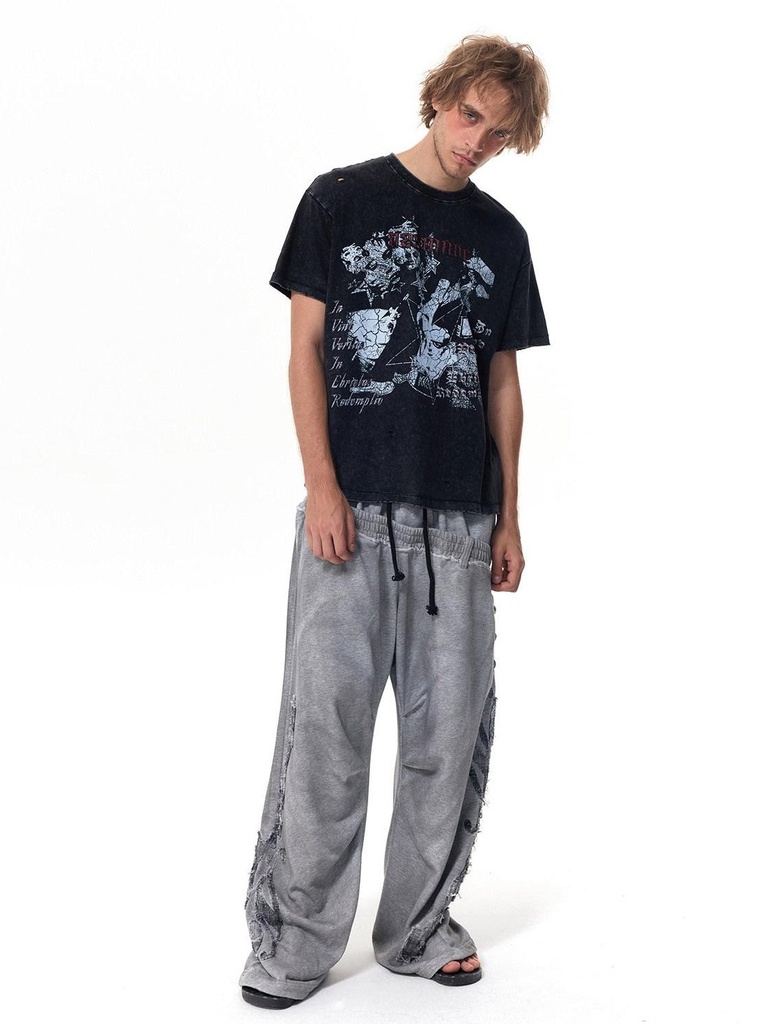 HAS2SONS Washed Gray Distressed Plaid Patch Double Waist Four Snap Women's Sweatpants