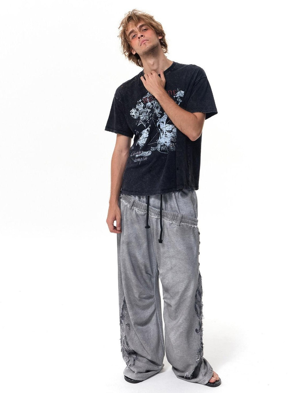 HAS2SONS Washed Gray Distressed Plaid Patch Double Waist Four Snap Women's Sweatpants