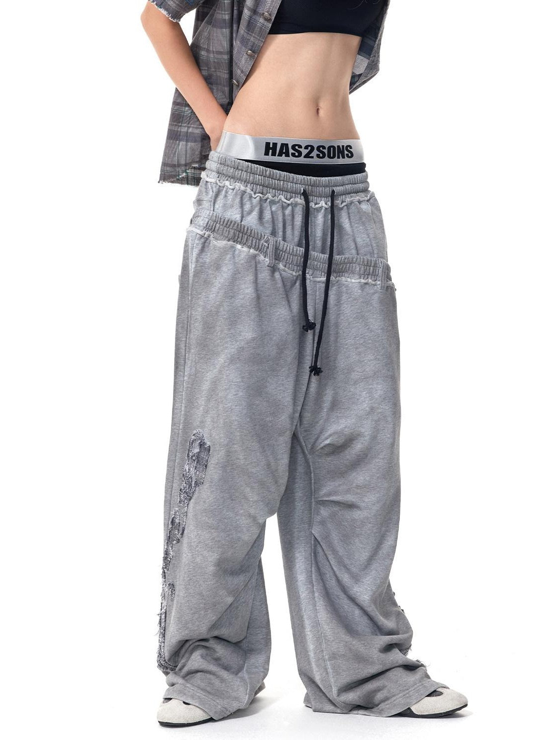 HAS2SONS Washed Gray Distressed Plaid Patch Double Waist Four Snap Women's Sweatpants