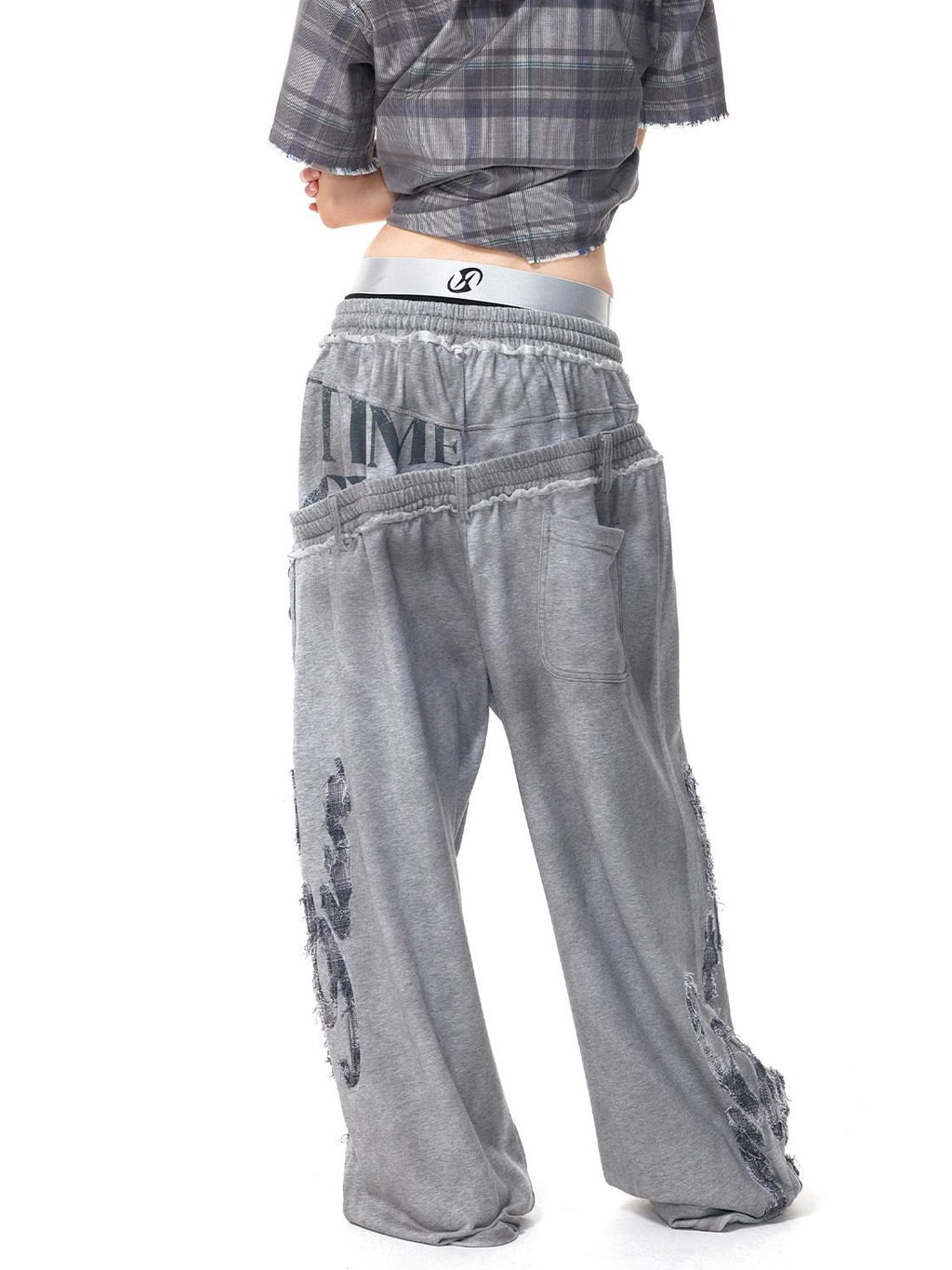 HAS2SONS Washed Gray Distressed Plaid Patch Double Waist Four Snap Women's Sweatpants