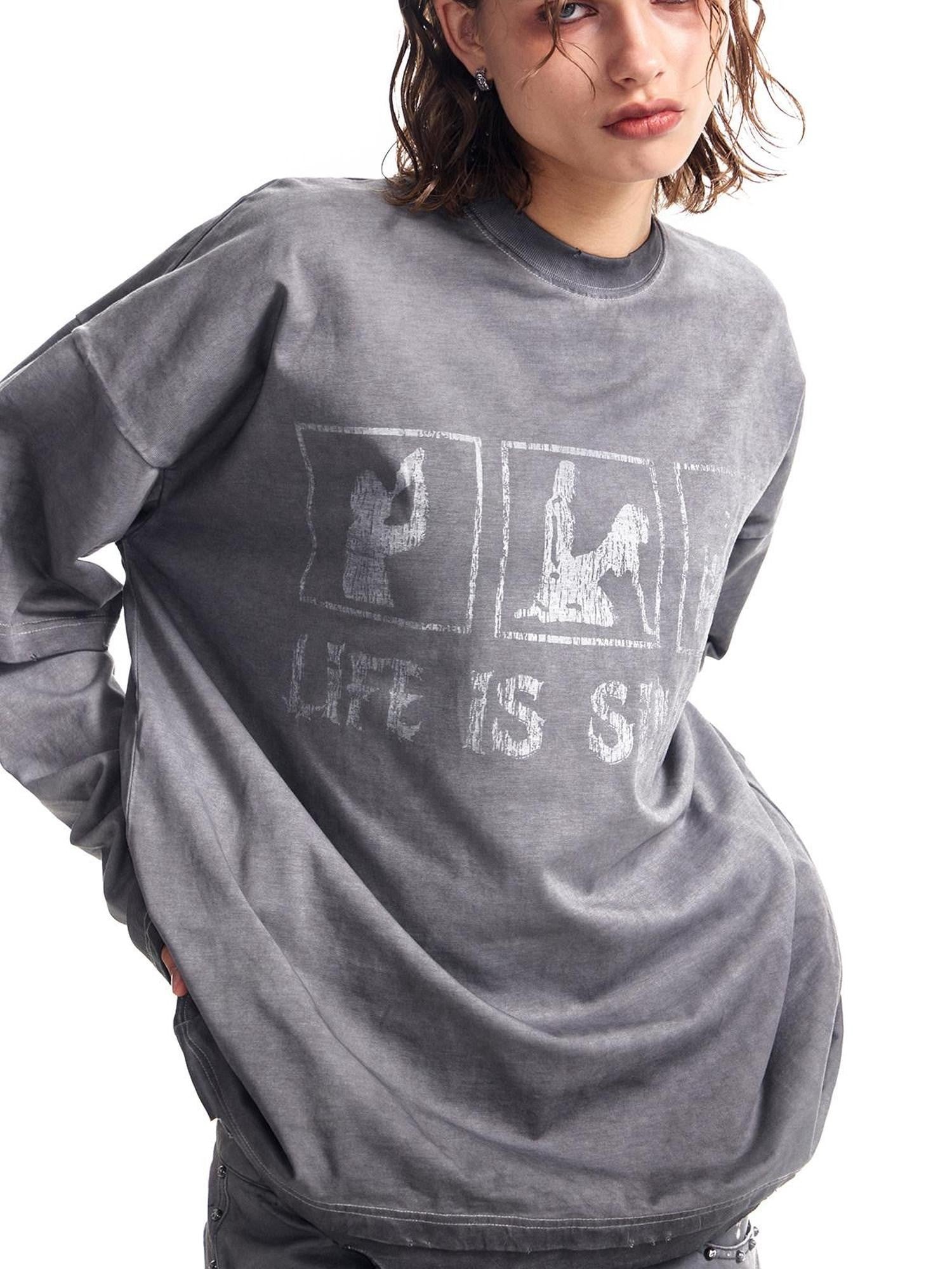 HAS2SONS Washed Gray Gradient Faux Layered Print Women's Cotton Long Sleeve T-shirts