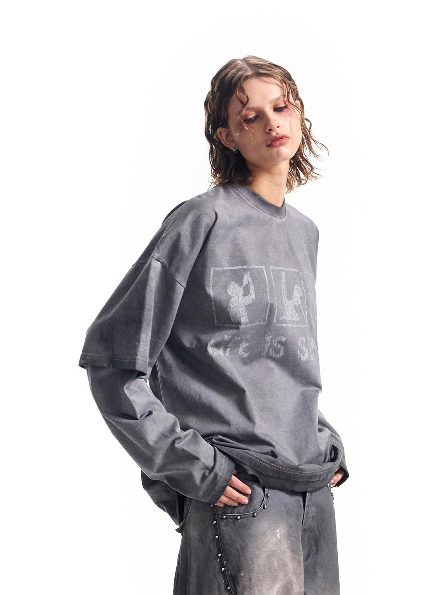 HAS2SONS Washed Gray Gradient Faux Layered Print Women's Cotton Long Sleeve T-shirts