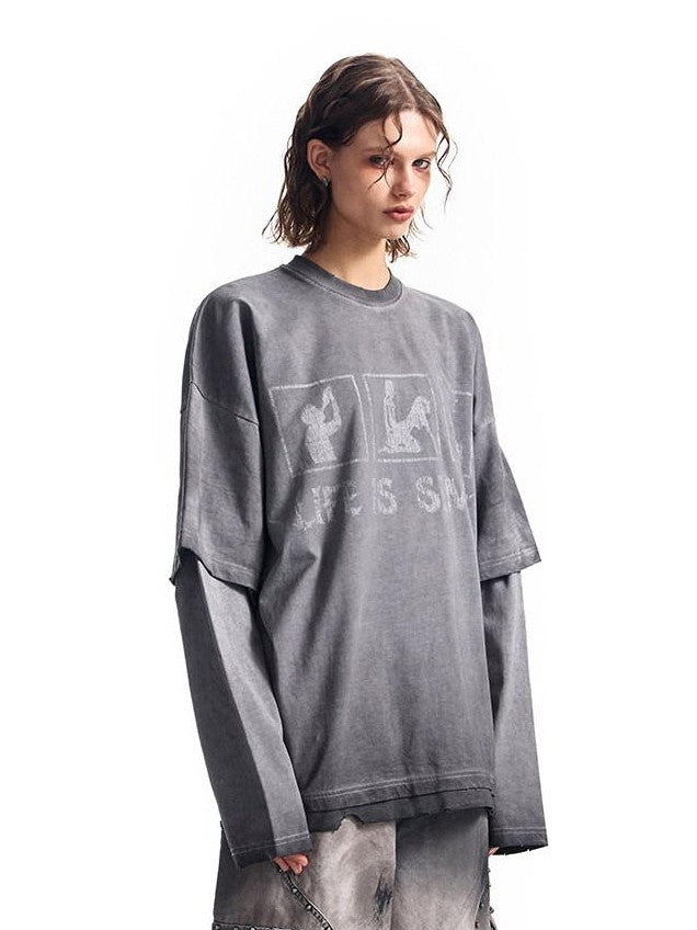 HAS2SONS Washed Gray Gradient Faux Layered Print Women's Cotton Long Sleeve T-shirts