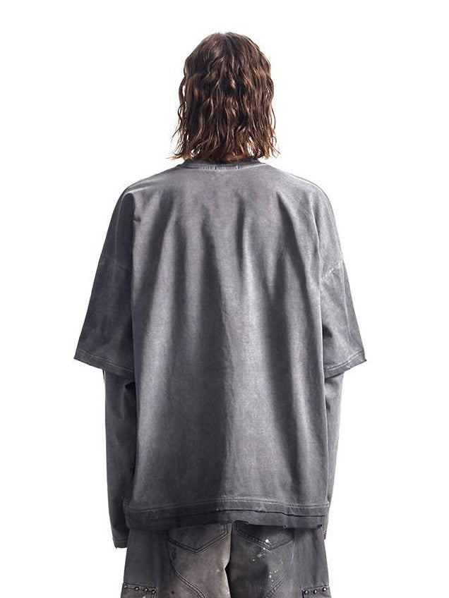 HAS2SONS Washed Gray Gradient Faux Layered Print Women's Cotton Long Sleeve T-shirts
