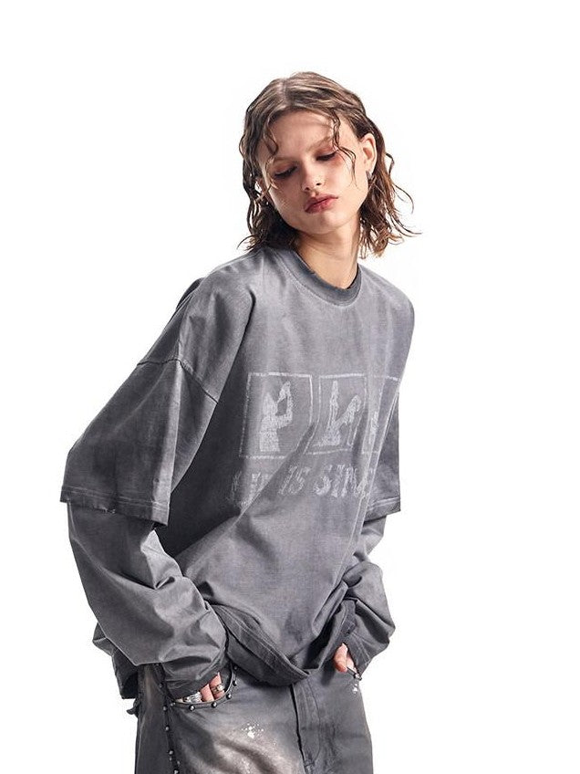 HAS2SONS Washed Gray Gradient Faux Layered Print Women's Cotton Long Sleeve T-shirts