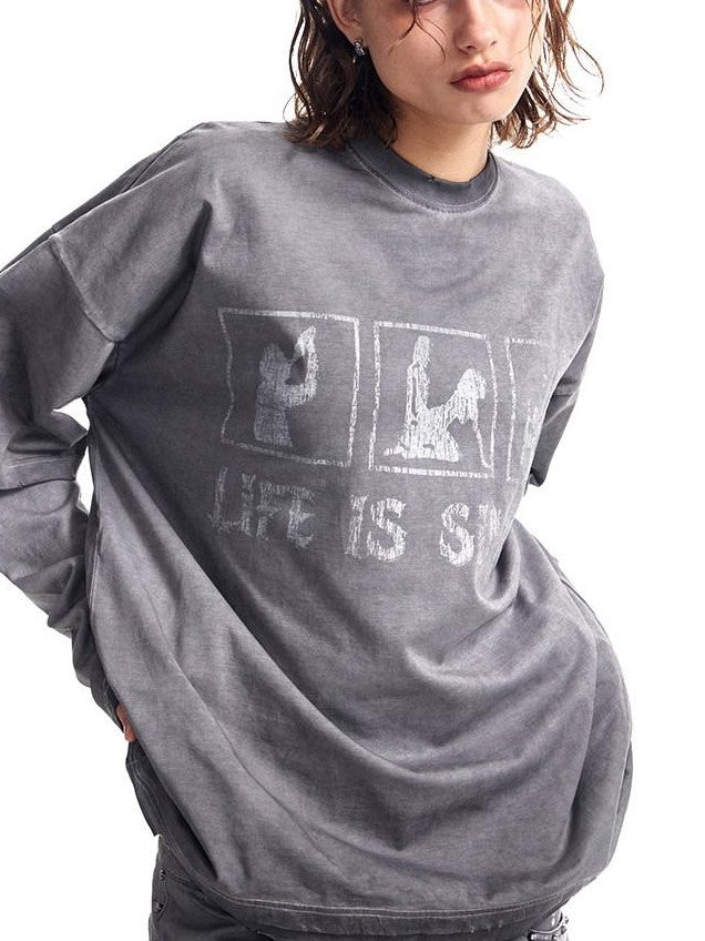 HAS2SONS Washed Gray Gradient Faux Layered Print Women's Cotton Long Sleeve T-shirts
