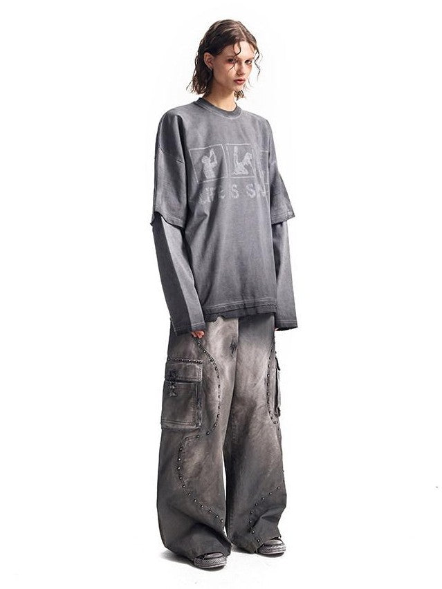 HAS2SONS Washed Gray Gradient Faux Layered Print Women's Cotton Long Sleeve T-shirts
