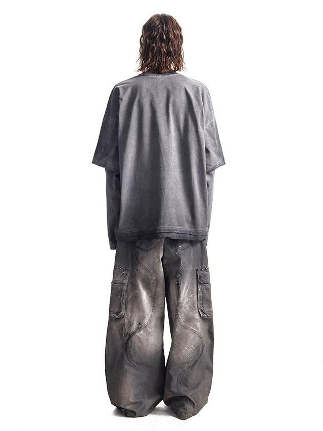HAS2SONS Washed Gray Gradient Faux Layered Print Women's Cotton Long Sleeve T-shirts