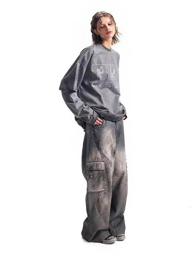 HAS2SONS Washed Gray Gradient Faux Layered Print Women's Cotton Long Sleeve T-shirts