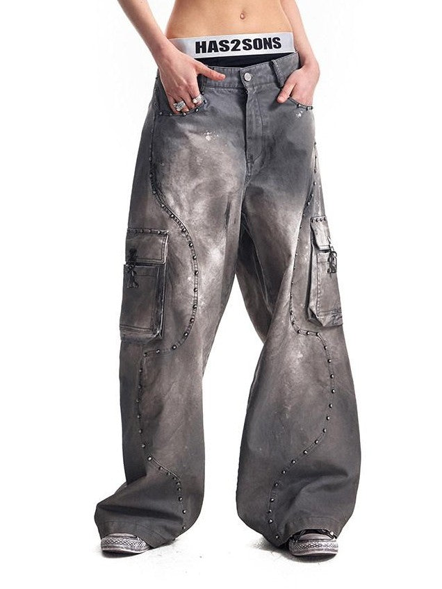 HAS2SONS Washed Twill Baggy Studded Rivet Beaded Women's Cotton Wide-leg Pants