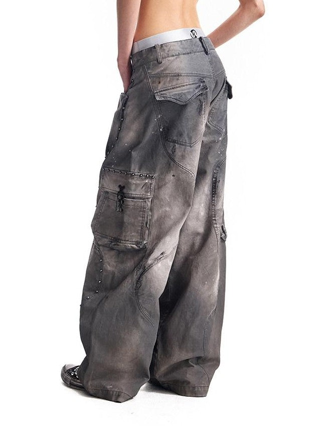 HAS2SONS Washed Twill Baggy Studded Rivet Beaded Women's Cotton Wide-leg Pants
