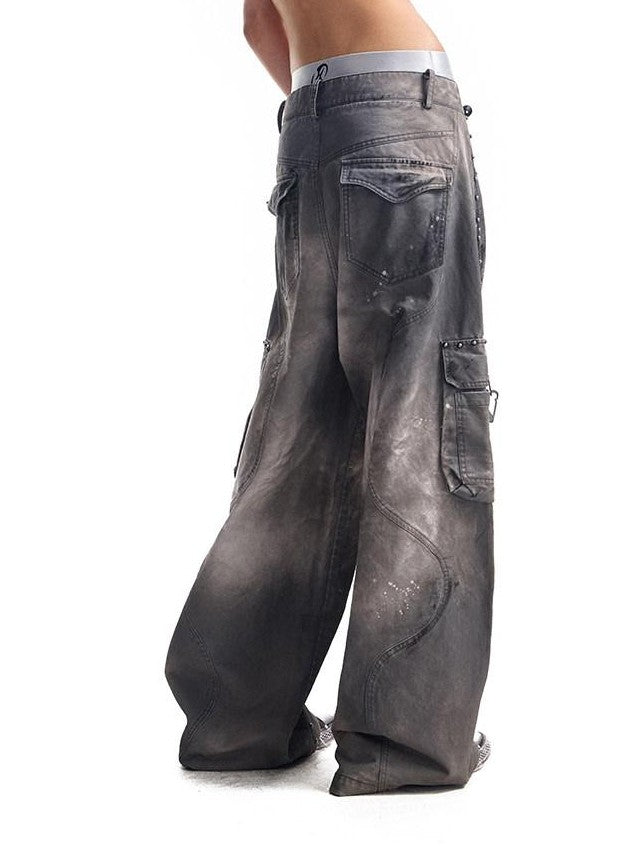 HAS2SONS Washed Twill Baggy Studded Rivet Beaded Women's Cotton Wide-leg Pants