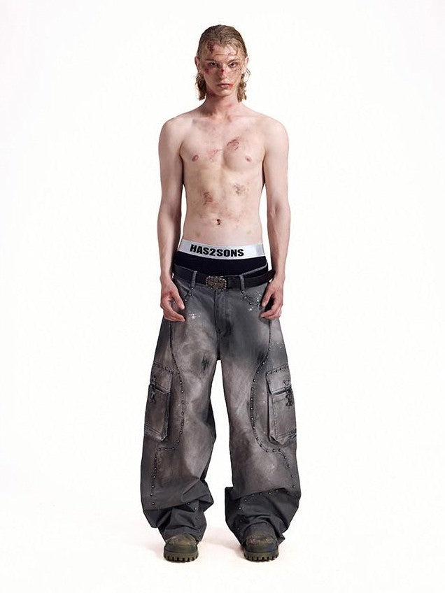 HAS2SONS Washed Twill Baggy Studded Rivet Beaded Women's Cotton Wide-leg Pants