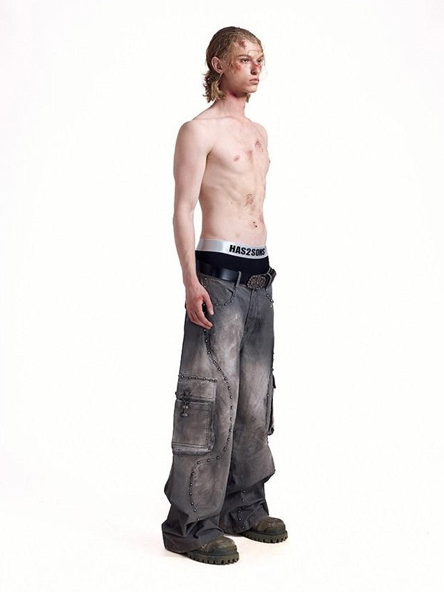 HAS2SONS Washed Twill Baggy Studded Rivet Beaded Women's Cotton Wide-leg Pants
