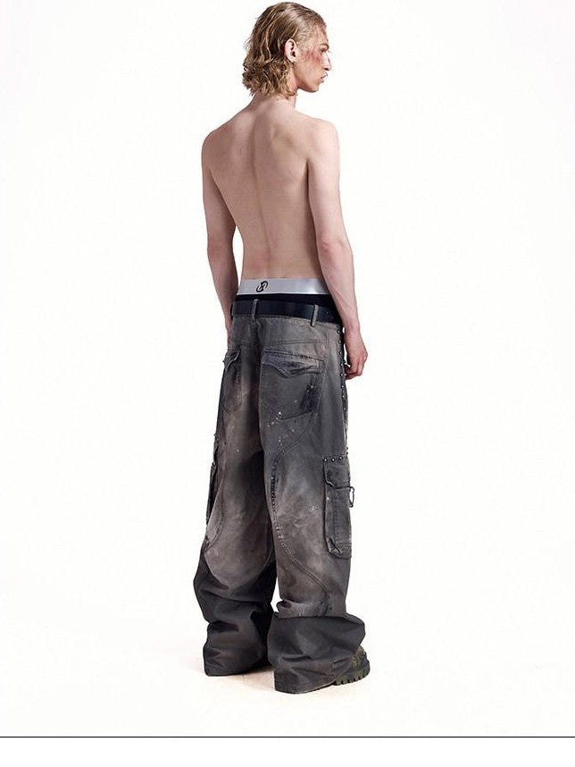 HAS2SONS Washed Twill Baggy Studded Rivet Beaded Women's Cotton Wide-leg Pants