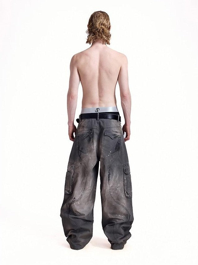 HAS2SONS Washed Twill Baggy Studded Rivet Beaded Women's Cotton Wide-leg Pants