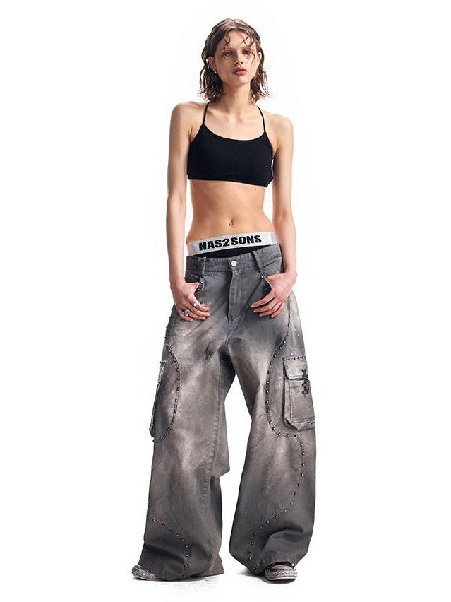 HAS2SONS Washed Twill Baggy Studded Rivet Beaded Women's Cotton Wide-leg Pants