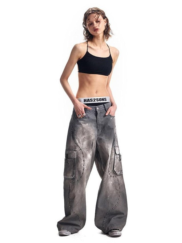 HAS2SONS Washed Twill Baggy Studded Rivet Beaded Women's Cotton Wide-leg Pants