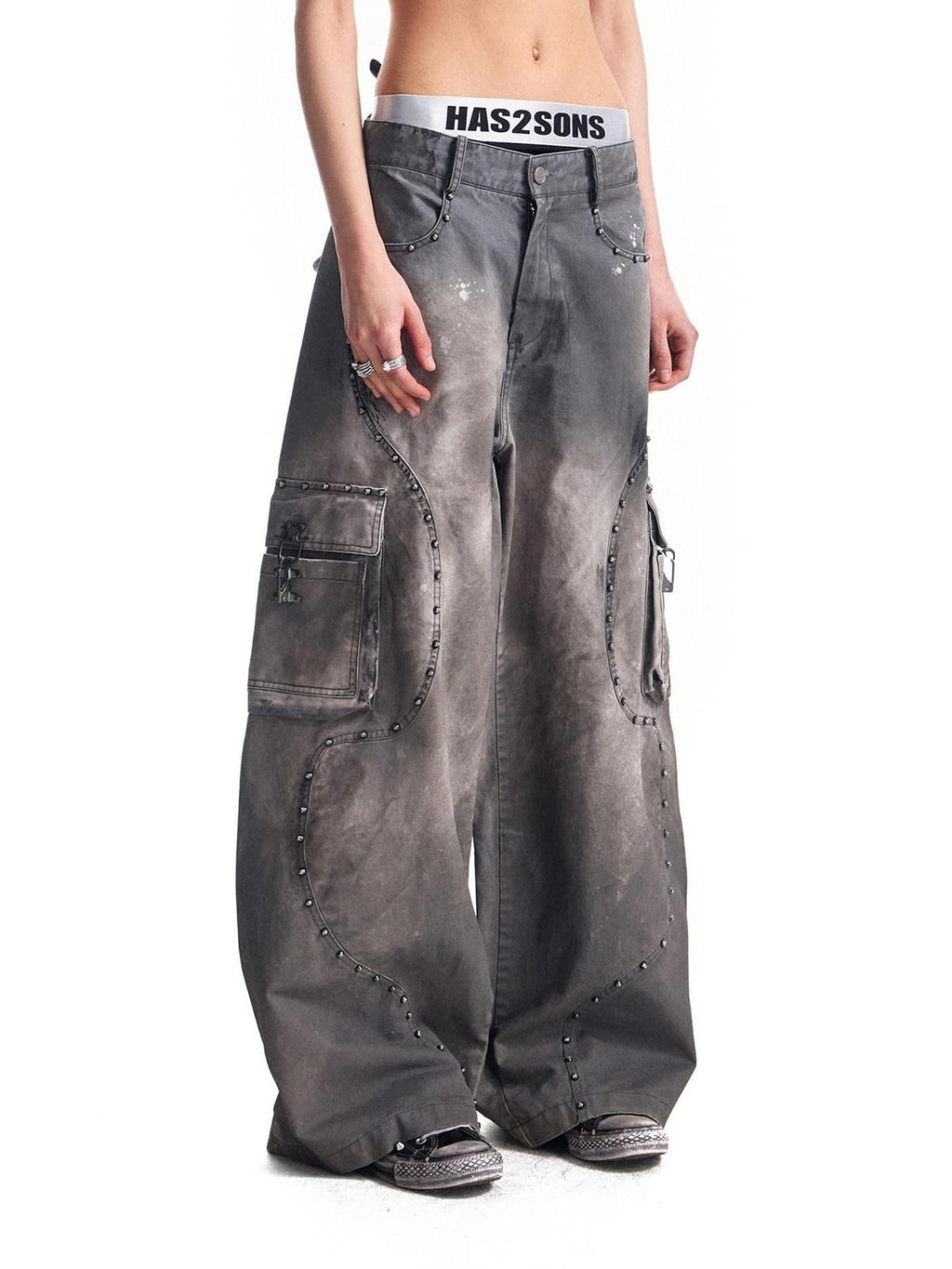HAS2SONS Washed Twill Baggy Studded Rivet Beaded Women's Cotton Wide-leg Pants