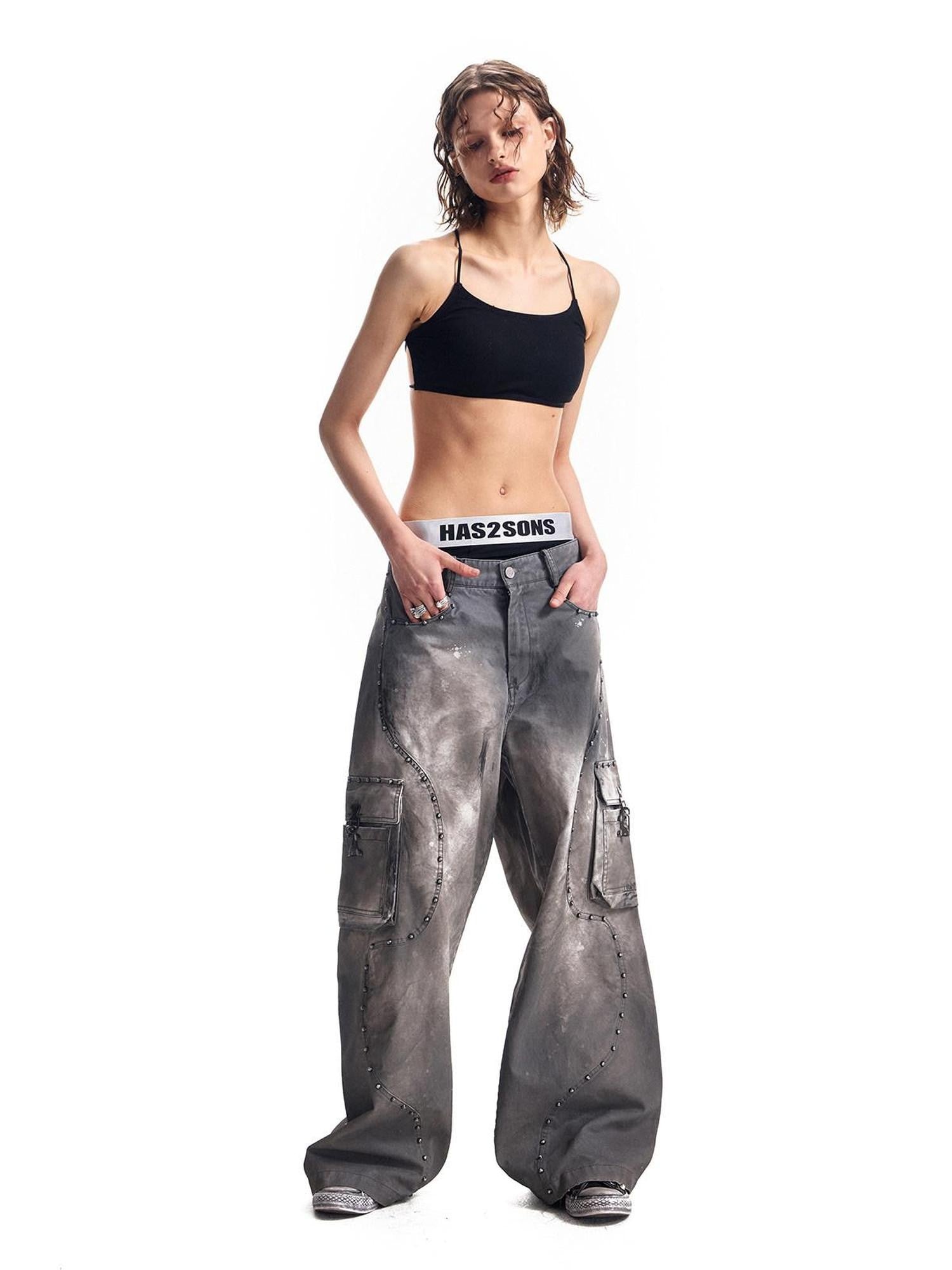 HAS2SONS Washed Twill Baggy Studded Rivet Beaded Women's Cotton Wide-leg Pants