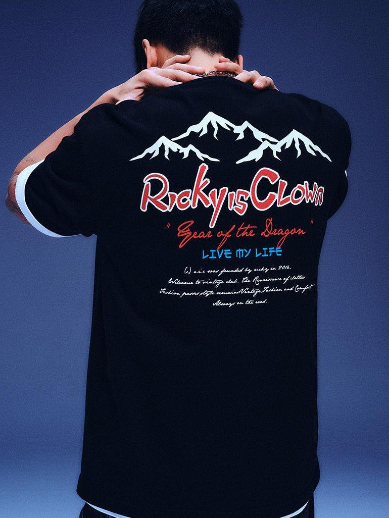 RickyisClown Alpine Print Heavyweight Men's Cotton Matching Short Sleeve T-shirts