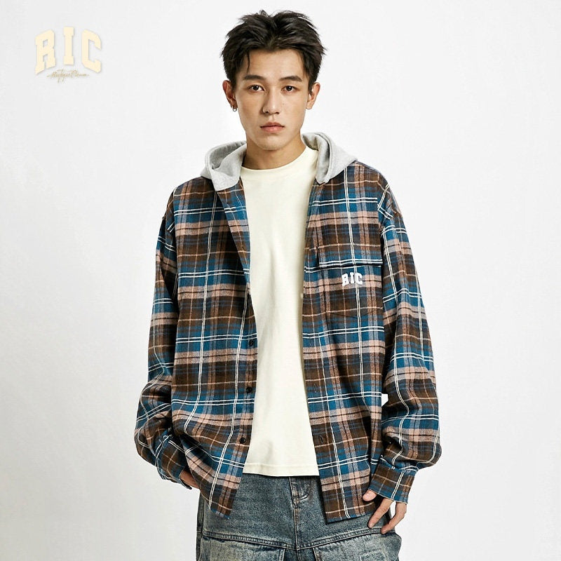 RickyisClown_American_Retro_Embroidered_Plaid_Hooded_Open_Front_Shirt_Men's_Cardigans_MISSTT