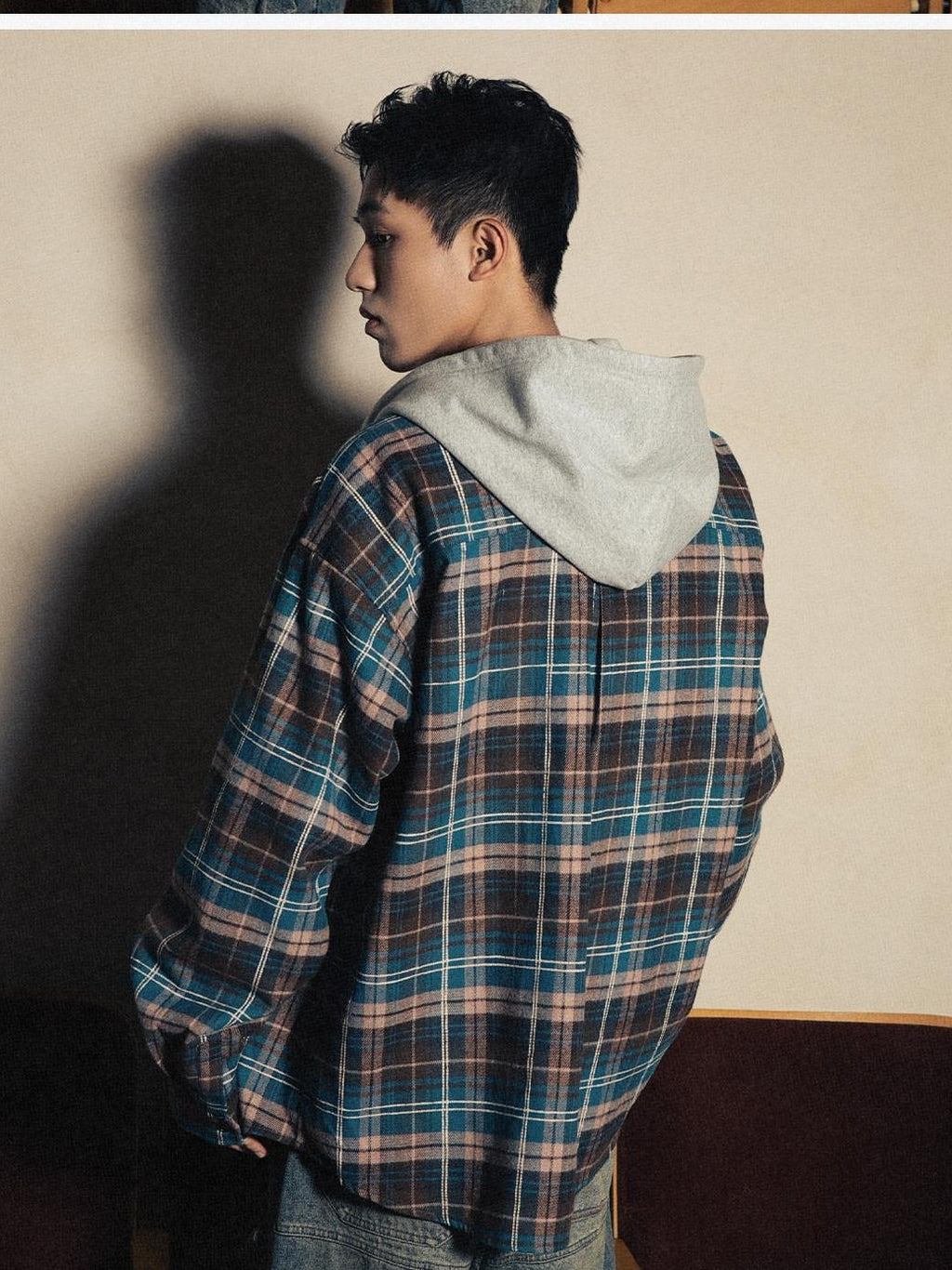 RickyisClown American Retro Embroidered Plaid Hooded Open Front Shirt Men's Cardigans